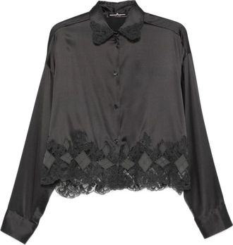Ermanno Scervino Overhemden, Dames, Grijs, M, Satijn, Zijden Blouse met Kanten Rand