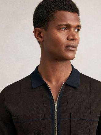 Reiss Chocolate Brown & navy Blue Compact-knit Tipped Zip-through Shirt, XL