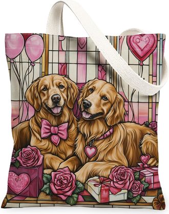 Generic Valentines Day Golden Retriever Dog Canvas Tote Bag for Shopping 13x15, Stained Glass Puppy Reusable Grocery Print Pattern Bag for Women, Couple Beach