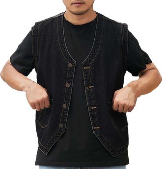 Generic Cowboy Waistcoat Men Black, Waistcoats For Men Casual Motorcycle Coat Plus Size Denim Vest Button Denim Vest Vintage Washed Denim Jacket Durable Biker