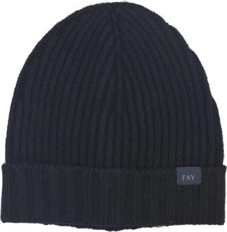 Fay Geribbelde Beanie - Heren - Hoeden - Zwart - ONE Size - Wol - Accessoires