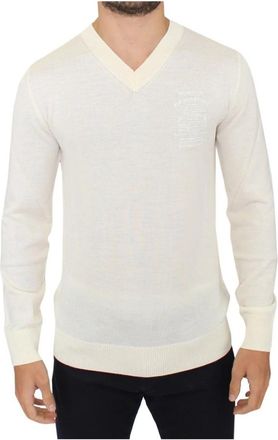 Ermanno Scervino Off White Wool Blend V-neck Pullover Sweater - Heren - V-hals truien - Wit - S - Wol - Truien & Vesten