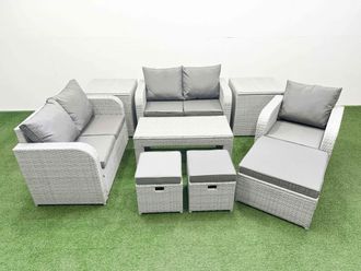 Fimous High Back Poly Rattan Garden Furniture Set w/ Reclining Chair Loveseat Sofa Oblong Coffee Table Indoor Outdoor Patio Set 3 Stools 2 Side Table