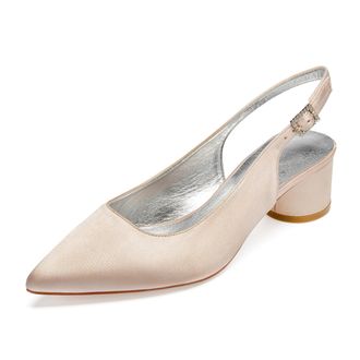 Generic Wedding Bridal Shoes Women Chunky Block Satin Low Heels Pointed Toe Slingback Evening Party Prom Office Shoes 4.5Cm,Champagne,3 UK