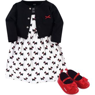 Hudson Baby Cotton Dress, Cardigan and Shoe Set in Scottie Dog at Nordstrom, Size 0-3M