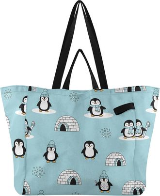 Generic Blue Penguin pattern Reusable Canvas Tote Bag, Heavy Duty Grocery Shopping Bag with Hard Bottom Double Handles Large Capacity Work Groceries Travel