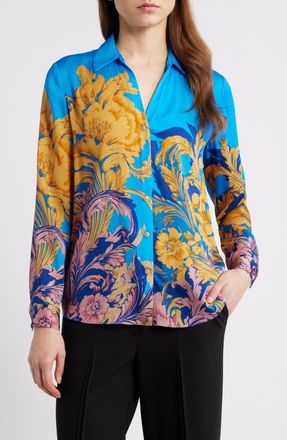 Elie Tahari The Madeline Placed Floral Stretch Silk Button-Up Shirt in Ribbon Scroll Print at Nordstrom, Size X-Large