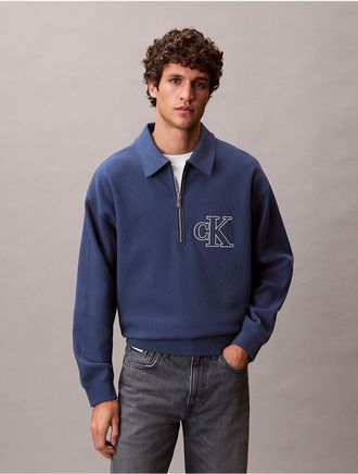 Calvin Klein Jeans Calvin Klein Mens Varsity Monogram Logo Quarter Zip Sweatshirt - Blue - 2XL