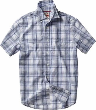 Relwen Mens Half-Sleeve Cotton Shirt In White Blue Plaid
