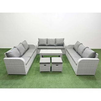Fimous Pe Rattan Lounge Sofa Set 11 Seater Outdoor Garden Furniture Set with Oblong Coffee Table 3 Seater Sofa 2 Stools Light Grey - Fimous