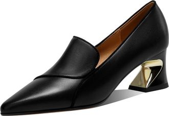 TinaCus Genuine Leather Handmade Pointed Toe Low Chunky Heels Womens Stylish Pumps Shoes, Black, 2 UK
