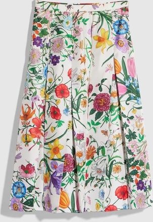 Gucci Printed Silk Twill Pleated Skirt, White