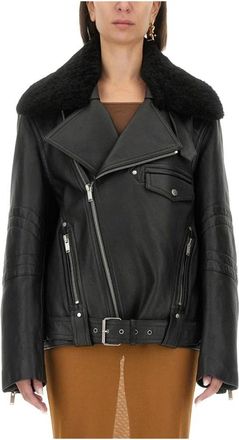 Saint Laurent Jassen, Dames, Zwart, L, Leer, Bikerjack in vintage leer en shearling