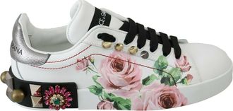Dolce & Gabbana Womens Rose Print Sneakers Floral Style - White Leather - Size EU 35