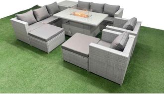 Fimous 10 Seat pe Rattan Lounge Sofa Set Outdoor Garden Furniture Set with Firepit Dining Table 3 Seater Sofa Side Table 2 Big Footstool Light Grey - Fimous