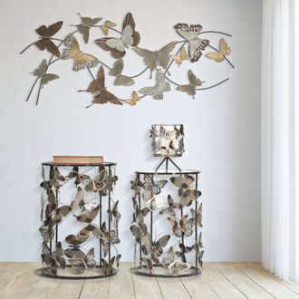 Dmora Mesita De Sal&oacute;n Dhulik, Set De 2, Dise&ntilde;os Con Mariposas, Forma Redonda, Color Transparente, 41x41x55h Cm Gris