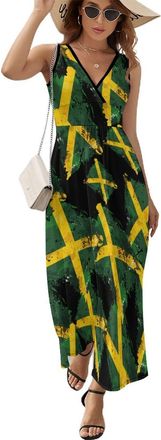 Generic Jamaica Vintage Vintage Watercolors Jamaican Flag Womens Summer Sleeveless Dress Sexy V Neck Maxi Dresses Casual Sundress Swing Dress for Beach 2XL