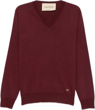Valentino VLogo Virgin Wool Sweater - Heren - V-hals truien - Rood - L - Wol - Truien & Vesten