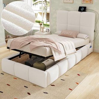 Matteo Upholstered Bed Hydraulic Storage & USB Port Mattress not included in Beige | Size: Single