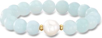 Ross-Simons 12-13mm Cultured Baroque Pearl and Milky Aquamarine Stretch Bracelet With 14kt Yellow Gold