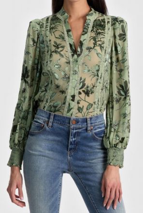 Alice & Olivia Arlette Collared Blouse In Mystic Garden Sage