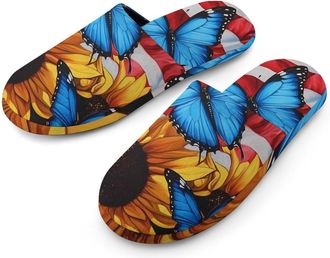 Generic Butterflies Sunflower U.S. Flag Flannel Mens Slip-on Slippers Winter Warm House Shoes with Rubber Sole for Home Hotel