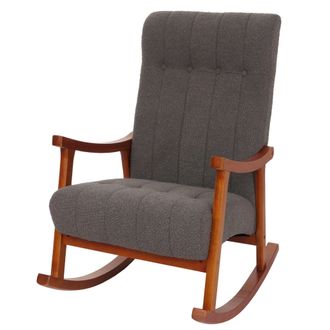 Hhg Nunca Usado] Silla Mecedora Hhg 862, Sill&oacute;n Relax, Madera Mvg, Tejido Boucl&eacute; (450 G/m&sup2;), Gris Oscuro, Estructura Con Acabado En Nogal
