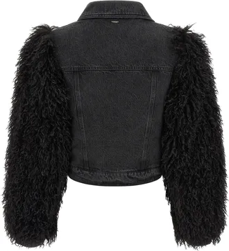 Twin-Set Shearling-Sleeve Denim Jacket - Black