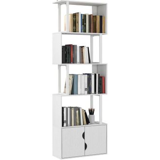 HOMCOM Homcom - librería de 5 niveles en forma de s estantería de libros con 5 estantes y 2 puertas para oficina estudio dormitorio 60x23,8x179,2 cm blanco