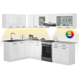 Vicco Cocina Esquinera Rick, Blanco/blanco Alto Brillo, 267 X 167 Cm, Et M&aacute;rmol Con Tira De Led