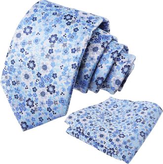 Alizeal Mens Floral Necktie with Pocket Square for Wedding Party Tie and Handkerchief Set, Sky Blue