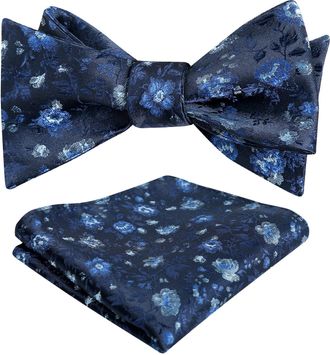 Alizeal Mens Floral Printed Self Tied Bow Tie Classic Colorful Wedding Party Bow Tie with Pocket Square Set, Navy+Royal Blue