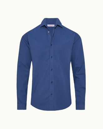 Orlebar Brown Giles Tailored Fit Garment Dye Poplin Shirt in Nightfall Blue at Nordstrom, Size Xx-Large