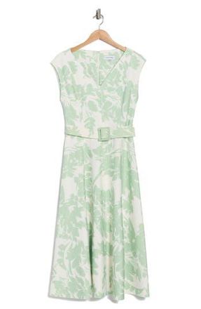 Calvin Klein Cap Sleeve Belted Midi Dress in Sage/Cream at Nordstrom Rack, Size 10