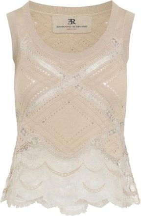 Ermanno Scervino Mouwloze gebreide top met kanten rand - Dames - Tops zonder mouwen - Beige - XS - Katoen - Tops