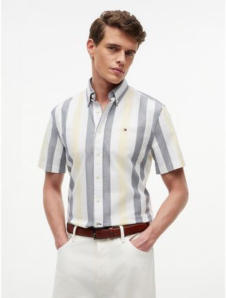 Tommy Hilfiger Mens Regular Fit Striped Stretch Oxford Shirt - Yellow - XXL