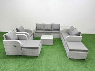 Fimous PE Rattan Garden Furniture Set Adjustable Chair Sofa Double Love Seat 2 Seater Sofa Lounge Set Square Coffee Table 2 Big Footstool Side Table