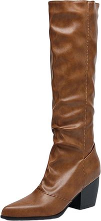 Generic Womens Knee High Wedge Boots Block Heel Biker Boot Pull On Long Booties PU Leather Slouch Boots Ladies Mid Calf Boot Wide Shaft Pointed Toe Booties Hi