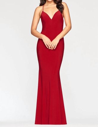 Faviana Jersey V-Neck Empire Dress In Ruby