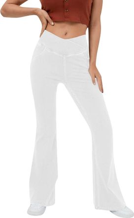 Generic Womens Pull On Jeans Crossover Jeggings for Women High Waisted Stretchy Bell Bottom Jeans Yoga Pants with Pockets (White,XL)