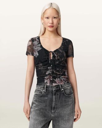 AllSaints Polyester Gabby Slim Fit Floral Mesh Top, Size: UK 14/US 10