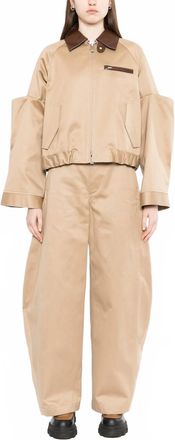 sacai Pleated Leather-Trimmed Cotton-Twill Jacket In Beige
