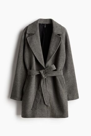 H&M Filzmantel mit Bindeg&uuml;rtel - Dunkelgrau/Fischgr&auml;tmuster