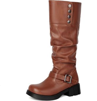 Generic Womens Pull on Slouch Long Boots Round Toe Knee High Boots with Buckle Block Heel Platform Boot,Brown,4.5 UK