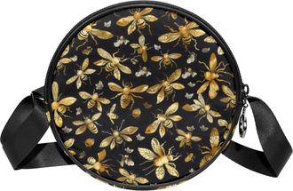 Generic Circle Crossbody Bag for Women, Golden Bees Small Sling Bag Daypack with Zipper Adjustable Shoulder Straps Casual Ladies Girls Round Purse