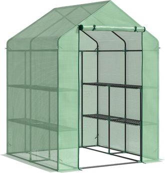 OUTSUNNY Invernadero Exterior De Dos Niveles Con Cuatro Estantes, Puerta Enrollable, Estructura De Acero Y Cubierta De Polietileno De 140 G/m&sup2; Para El Cultivo 