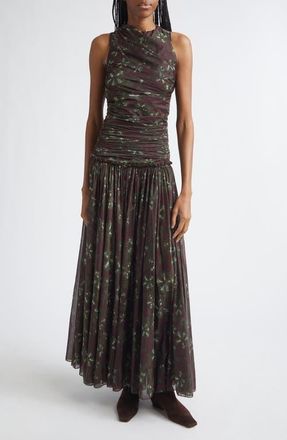 Siedres Alina Floral Gathered Open Back Jersey Dress in Brown Multi at Nordstrom, Size X-Small