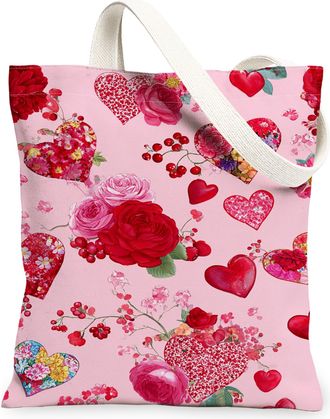 Generic ValentineS Floral Canvas Tote Bags, Heart Pattern Reusable Bags, Romantic Vintage Lightweight Washable Shoulder Strap for, Peach, 13x15 Inch