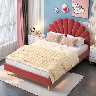 OEM Cama Doble 140x200 Cm Capitonn&eacute;, Cabecera De Flor De Terciopelo Burdeos, Pies Dorados, Dise&ntilde;o Rom&aacute;ntico