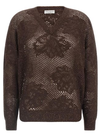 Brunello Cucinelli Brown Floral V Neck Sweater